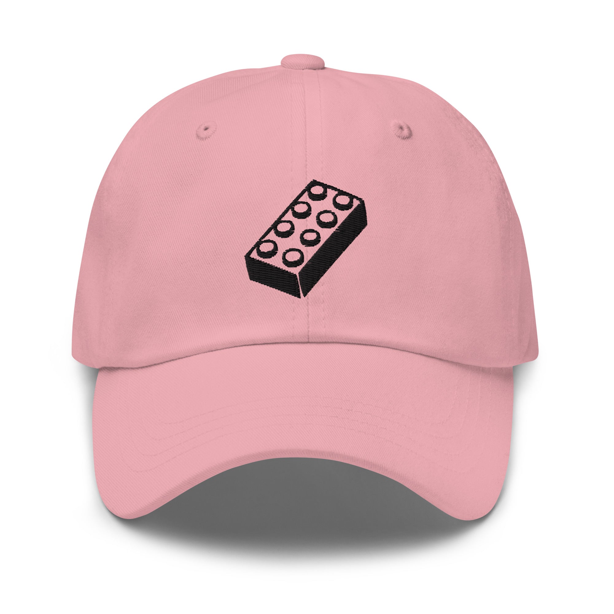 pink lego brick dad hat, frontal view